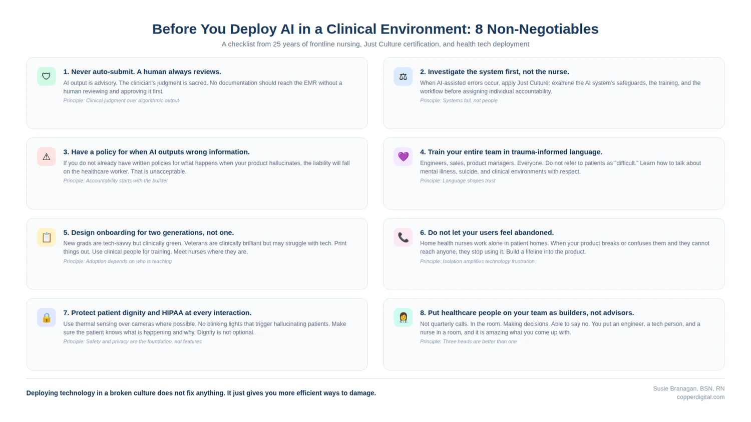 Eight non-negotiables before you deploy AI in a clinical environment, from a Just Culture and trauma-informed nurse consultant Eight non-negotiables before you deploy AI in a clinical environment, from a Just Culture and trauma-informed nurse consultant