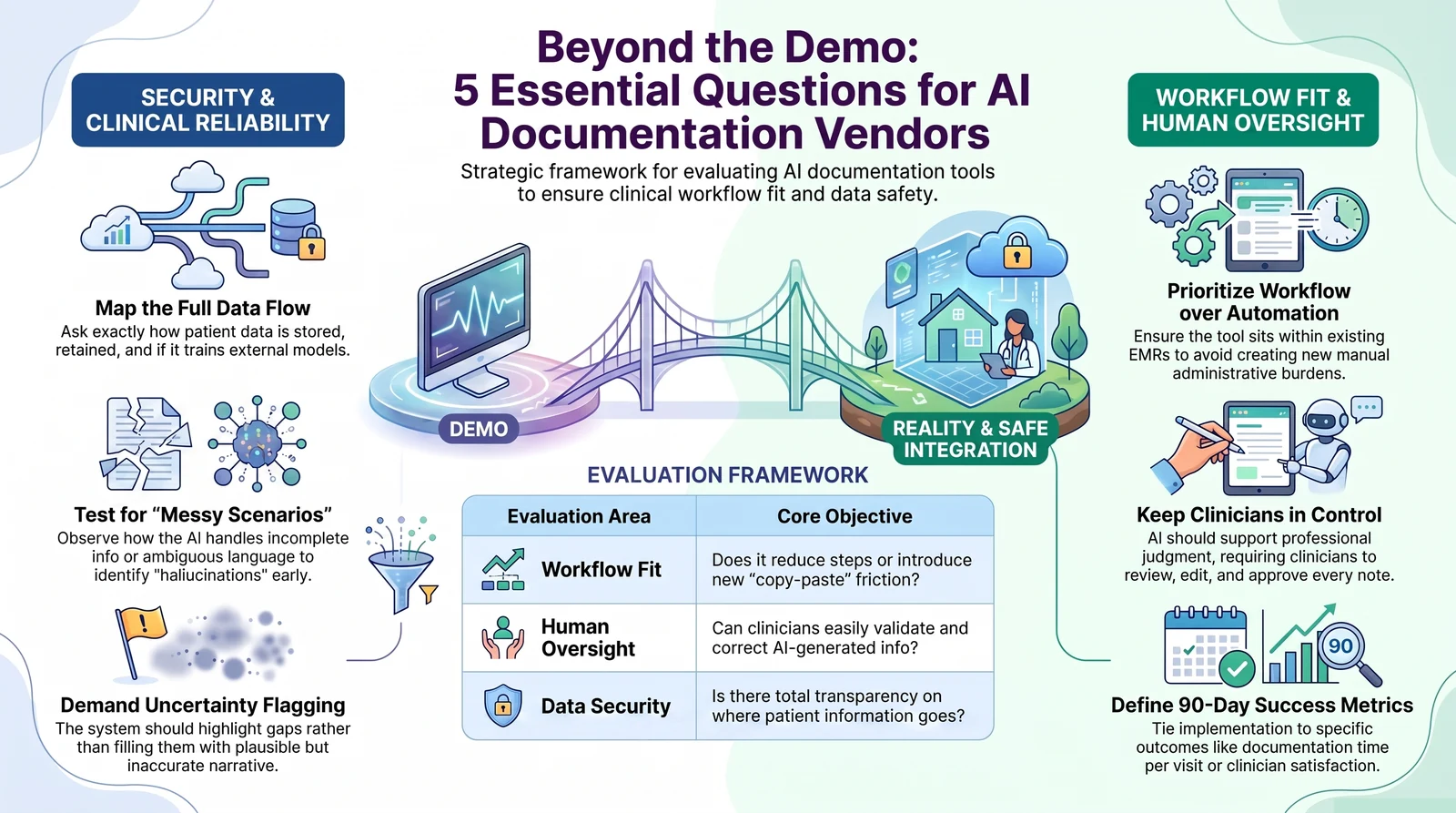Infographic titled Beyond the Demo: 5 essential questions for AI documentation vendors, covering security and clinical reliability (map the full data flow, test messy scenarios, demand uncertainty flagging), workflow fit and human oversight (prioritize workflow over automation, keep clinicians in control, define 90-day success metrics), and an evaluation framework table for workflow fit, human oversight, and data security.