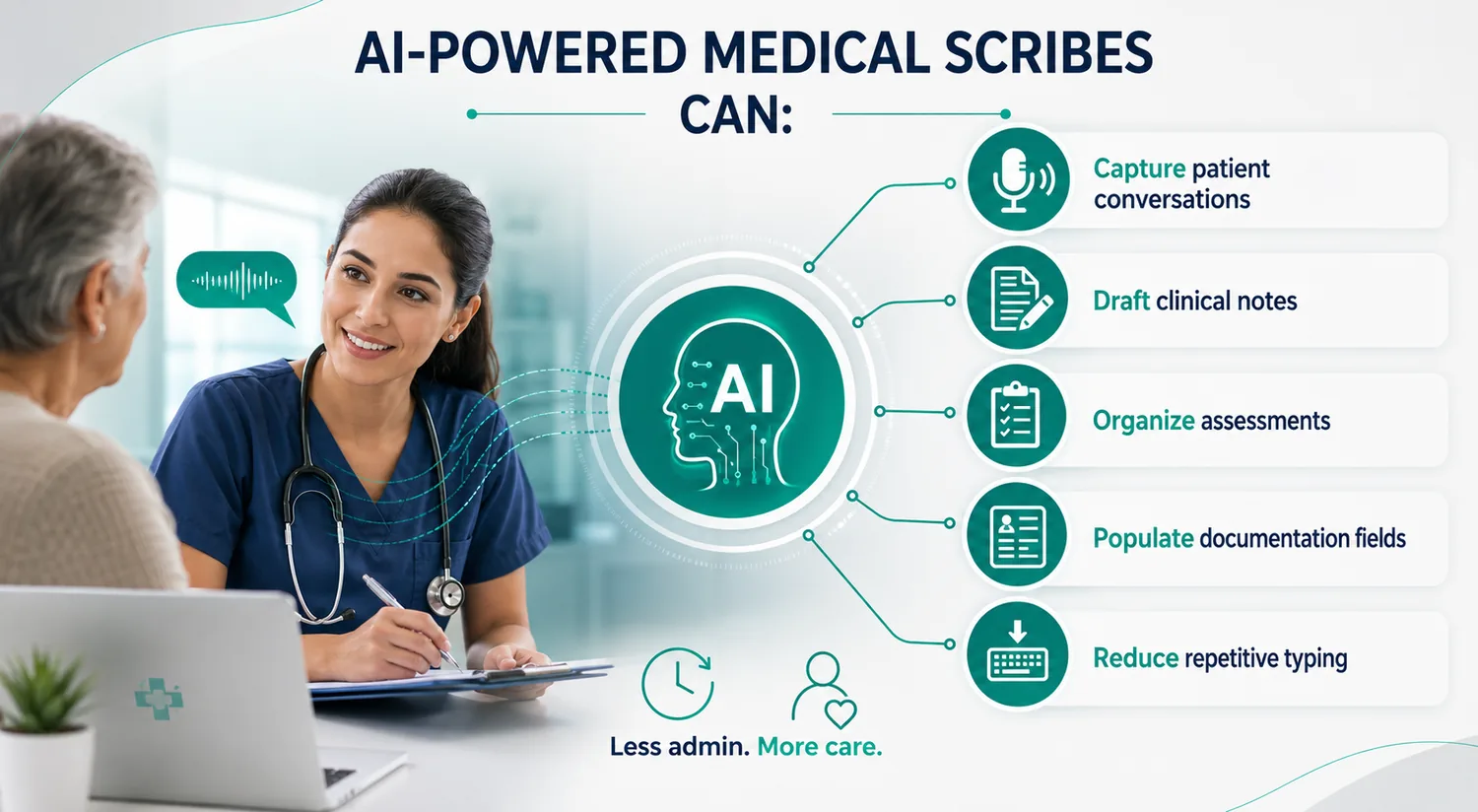 AI-powered medical scribes can capture patient conversations, draft clinical notes, organize assessments, populate documentation fields, and reduce repetitive typing, meaning less admin and more care