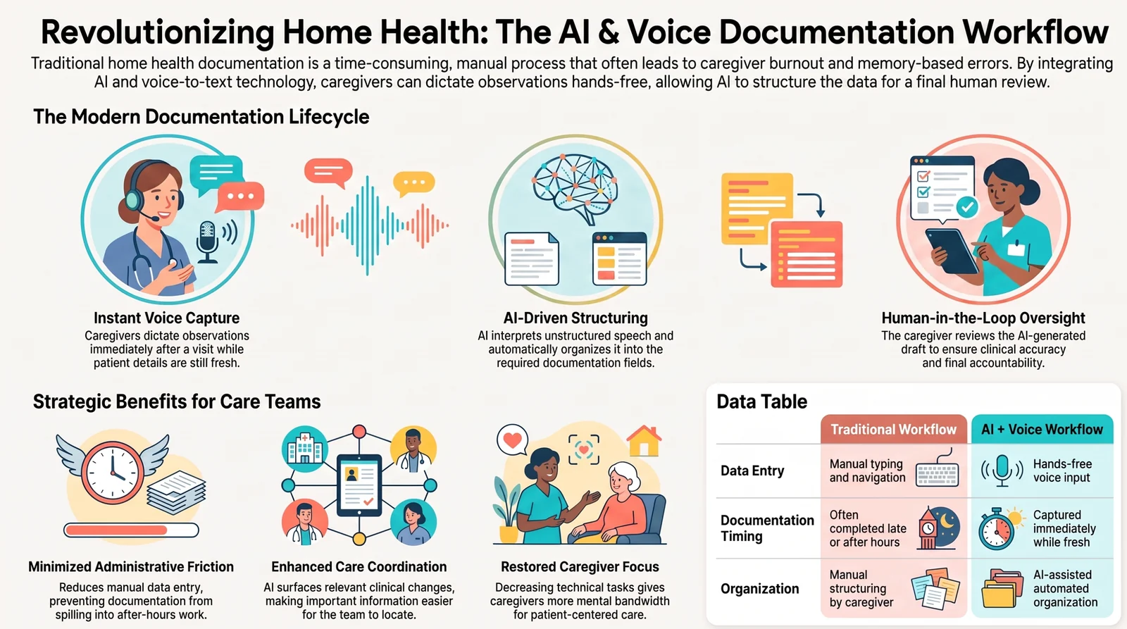 Infographic titled Revolutionizing Home Health: the AI and voice documentation workflow, showing the modern documentation lifecycle — instant voice capture, AI-driven structuring, and human-in-the-loop oversight — plus strategic benefits and a traditional vs. AI + voice comparison table. Infographic titled Revolutionizing Home Health: the AI and voice documentation workflow, showing the modern documentation lifecycle — instant voice capture, AI-driven structuring, and human-in-the-loop oversight — plus strategic benefits and a traditional vs. AI + voice comparison table.