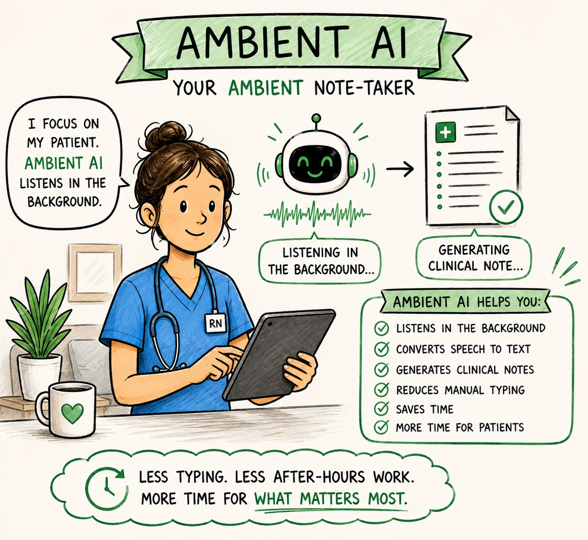 Illustration of ambient AI as a nurse's note-taker: it listens in the background, converts speech to text, generates clinical notes, reduces manual typing, and saves time for patients. Illustration of ambient AI as a nurse's note-taker: it listens in the background, converts speech to text, generates clinical notes, reduces manual typing, and saves time for patients.