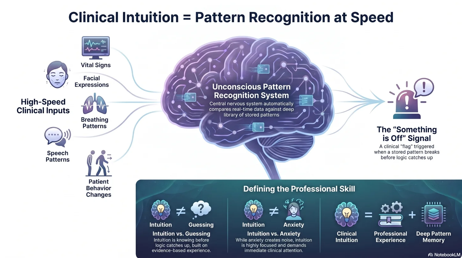 Clinical intuition as pattern recognition at speed: high-speed clinical inputs feed an unconscious pattern recognition system that fires a something-is-off signal Clinical intuition as pattern recognition at speed: high-speed clinical inputs feed an unconscious pattern recognition system that fires a something-is-off signal