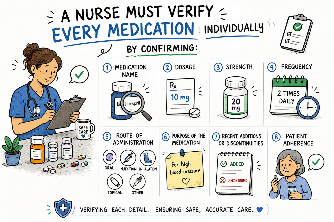 A nurse must verify every medication individually by confirming medication name, dosage, strength, frequency, route of administration, purpose, recent additions or discontinuities, and patient adherence A nurse must verify every medication individually by confirming medication name, dosage, strength, frequency, route of administration, purpose, recent additions or discontinuities, and patient adherence