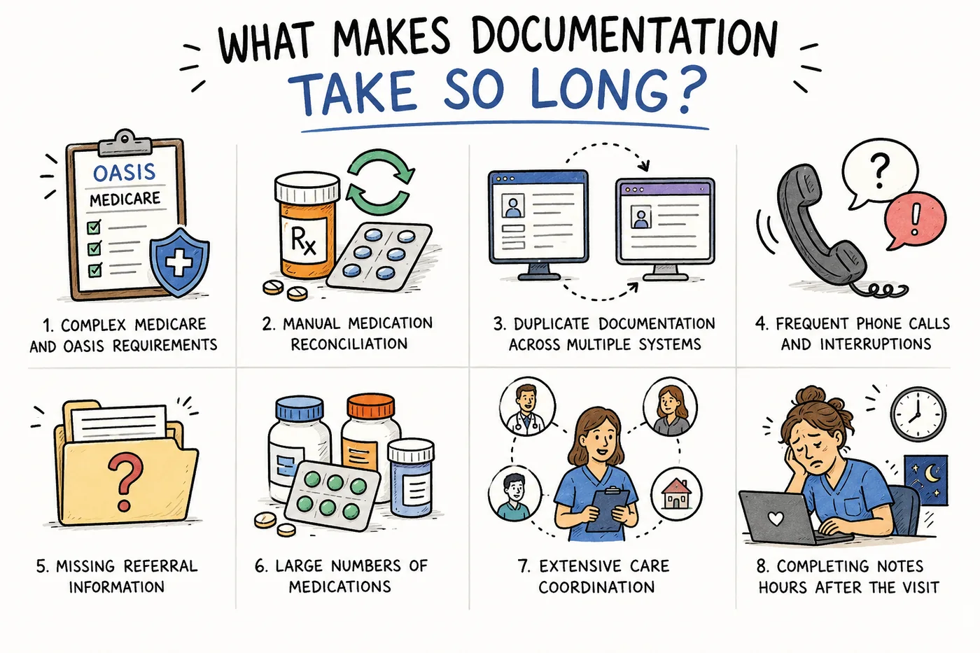 Eight reasons home health documentation takes so long: complex Medicare and OASIS requirements, manual medication reconciliation, duplicate documentation across multiple systems, frequent phone calls and interruptions, missing referral information, large numbers of medications, extensive care coordination, and completing notes hours after the visit Eight reasons home health documentation takes so long: complex Medicare and OASIS requirements, manual medication reconciliation, duplicate documentation across multiple systems, frequent phone calls and interruptions, missing referral information, large numbers of medications, extensive care coordination, and completing notes hours after the visit