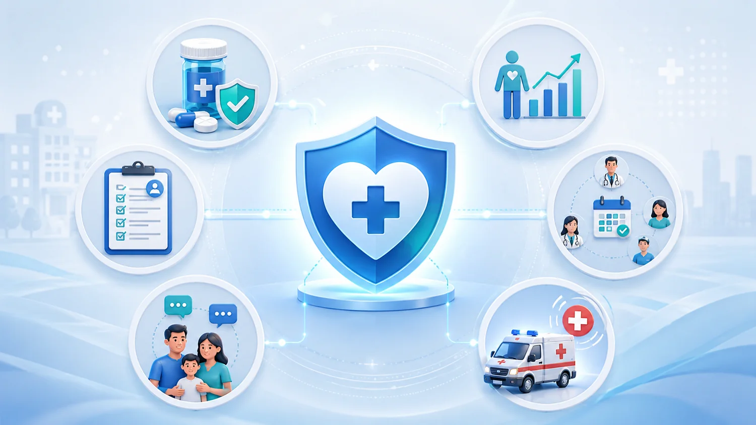 Human-centered healthcare AI illustration: medication safety, patient outcomes, care coordination, family communication, and emergency response protected around a central trust shield