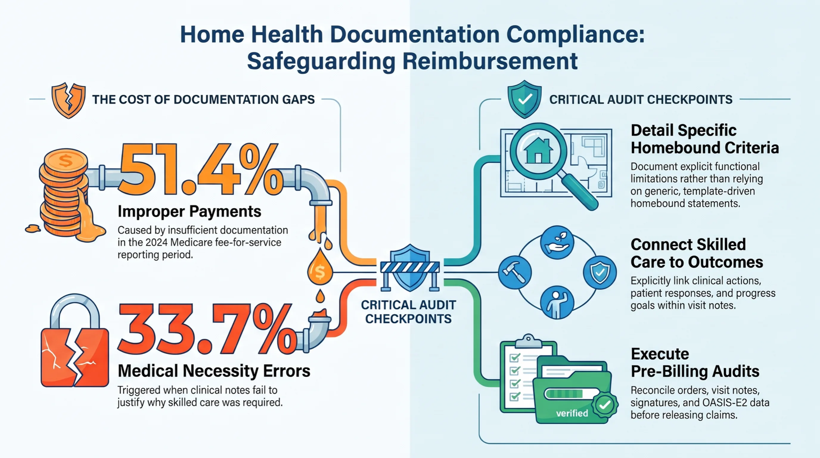 Home health documentation compliance infographic highlighting insufficient documentation, medical necessity, patient-specific homebound findings, skilled-care narratives, and pre-billing review. Home health documentation compliance infographic highlighting insufficient documentation, medical necessity, patient-specific homebound findings, skilled-care narratives, and pre-billing review.