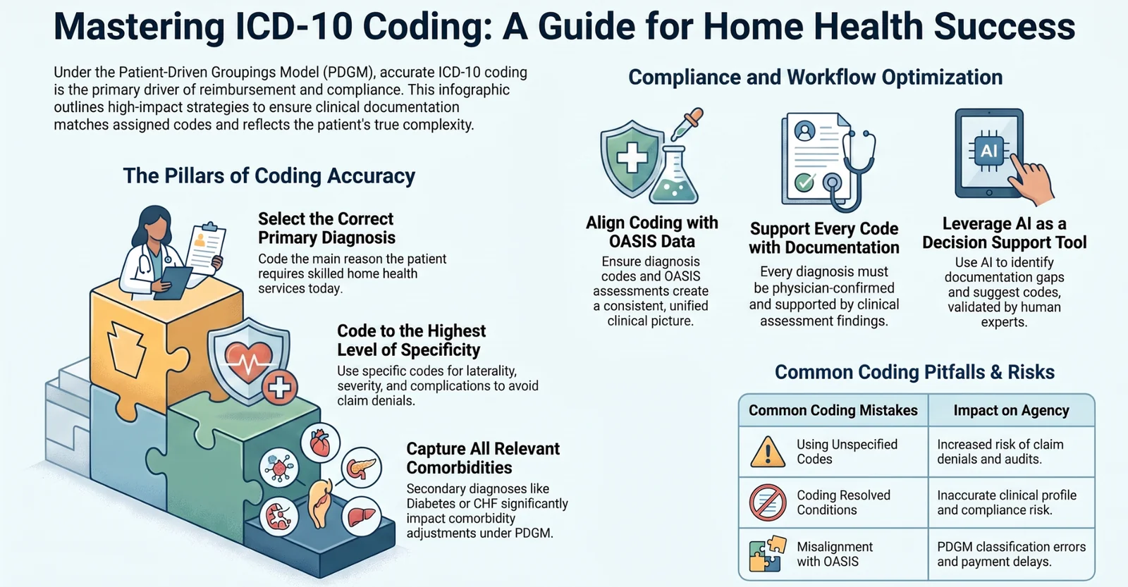 Mastering ICD-10 coding for home health: the pillars of coding accuracy are selecting the correct primary diagnosis, coding to the highest level of specificity, and capturing all relevant comorbidities; compliance and workflow optimization means aligning coding with OASIS data, supporting every code with documentation, and leveraging AI as a decision-support tool; common coding pitfalls include using unspecified codes, coding resolved conditions, and misalignment with OASIS Mastering ICD-10 coding for home health: the pillars of coding accuracy are selecting the correct primary diagnosis, coding to the highest level of specificity, and capturing all relevant comorbidities; compliance and workflow optimization means aligning coding with OASIS data, supporting every code with documentation, and leveraging AI as a decision-support tool; common coding pitfalls include using unspecified codes, coding resolved conditions, and misalignment with OASIS