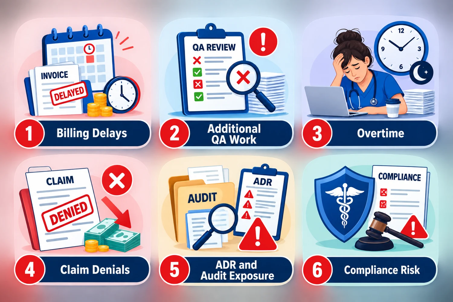 Six numbered costs of incomplete home health visit notes: 1 billing delays, 2 additional QA work, 3 overtime, 4 claim denials, 5 ADR and audit exposure, 6 compliance risk. Six numbered costs of incomplete home health visit notes: 1 billing delays, 2 additional QA work, 3 overtime, 4 claim denials, 5 ADR and audit exposure, 6 compliance risk.