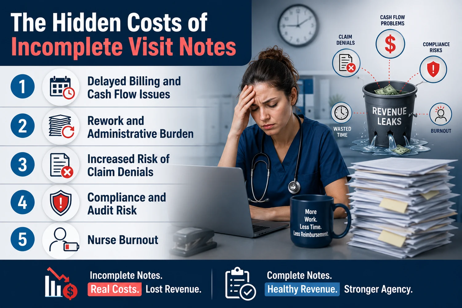 Infographic titled The Hidden Costs of Incomplete Visit Notes listing five costs: delayed billing and cash flow issues, rework and administrative burden, increased risk of claim denials, compliance and audit risk, and nurse burnout, with revenue leaking from a bucket. Infographic titled The Hidden Costs of Incomplete Visit Notes listing five costs: delayed billing and cash flow issues, rework and administrative burden, increased risk of claim denials, compliance and audit risk, and nurse burnout, with revenue leaking from a bucket.