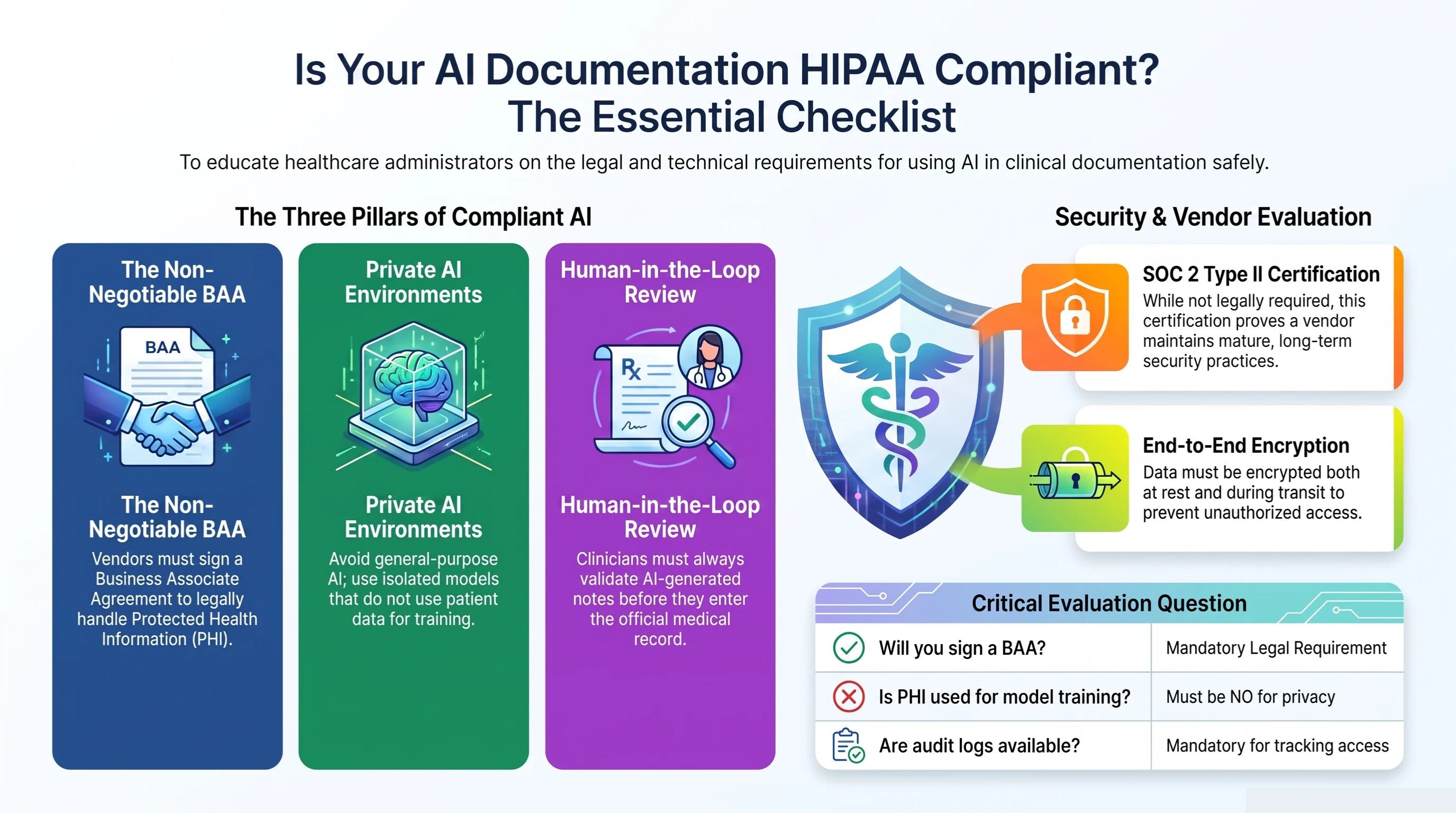 Is your AI documentation HIPAA compliant? The essential checklist. The three pillars of compliant AI: the non-negotiable BAA, private AI environments that do not train on patient data, and human-in-the-loop review. Security and vendor evaluation: SOC 2 Type II certification and end-to-end encryption. Critical evaluation questions: will you sign a BAA (mandatory legal requirement), is PHI used for model training (must be no), and are audit logs available (mandatory for tracking access) Is your AI documentation HIPAA compliant? The essential checklist. The three pillars of compliant AI: the non-negotiable BAA, private AI environments that do not train on patient data, and human-in-the-loop review. Security and vendor evaluation: SOC 2 Type II certification and end-to-end encryption. Critical evaluation questions: will you sign a BAA (mandatory legal requirement), is PHI used for model training (must be no), and are audit logs available (mandatory for tracking access)
