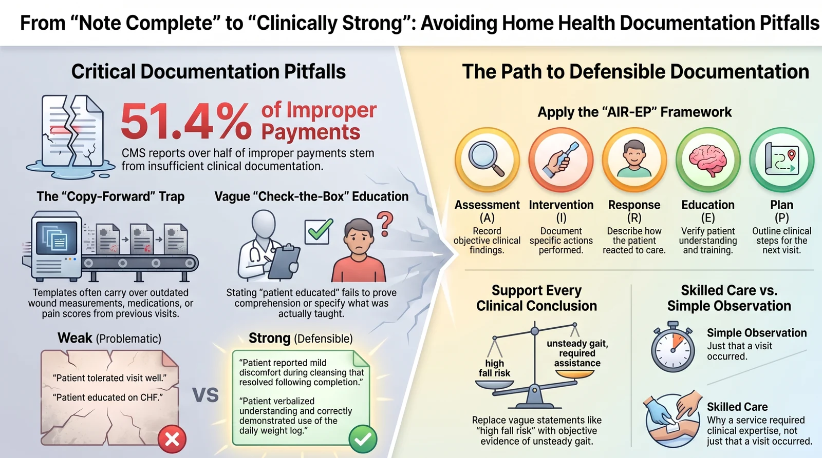 Infographic titled From Note Complete to Clinically Strong, showing critical documentation pitfalls (copy-forward trap, vague check-the-box education, weak vs strong notes) alongside the path to defensible documentation using the AIR-EP framework: Assessment, Intervention, Response, Education, Plan. Infographic titled From Note Complete to Clinically Strong, showing critical documentation pitfalls (copy-forward trap, vague check-the-box education, weak vs strong notes) alongside the path to defensible documentation using the AIR-EP framework: Assessment, Intervention, Response, Education, Plan.