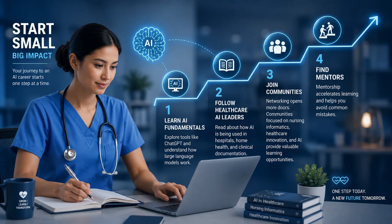 Career pathways infographic: nurses can start small toward an AI career by learning AI fundamentals, following healthcare AI leaders, joining communities, and finding mentors Career pathways infographic: nurses can start small toward an AI career by learning AI fundamentals, following healthcare AI leaders, joining communities, and finding mentors