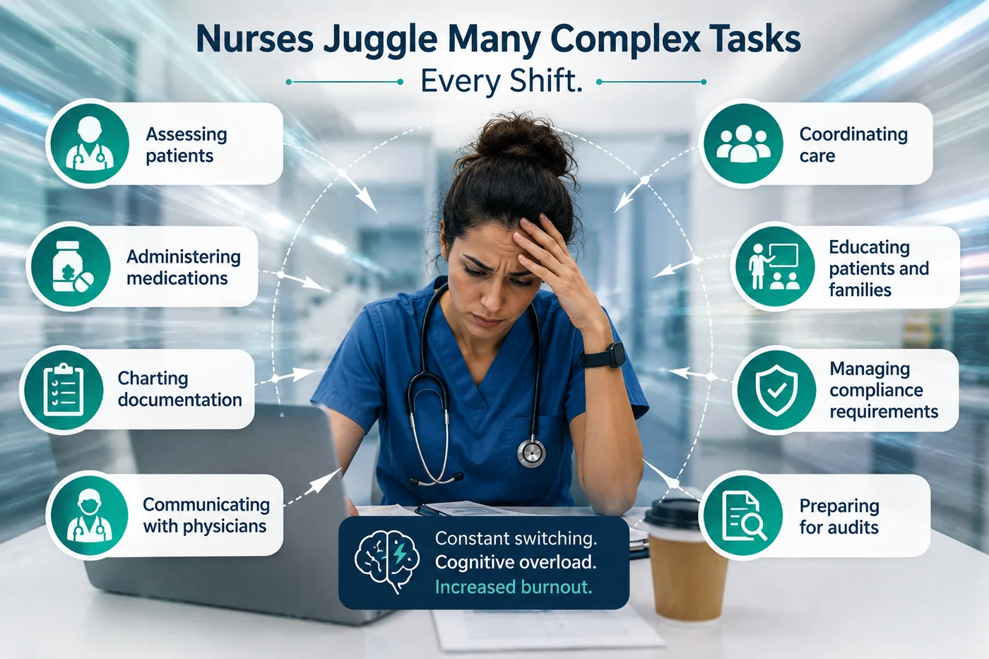 A nurse juggling many complex tasks every shift, including assessing patients, administering medications, charting documentation, communicating with physicians, coordinating care, educating patients and families, managing compliance, and preparing for audits, leading to constant switching, cognitive overload, and increased burnout