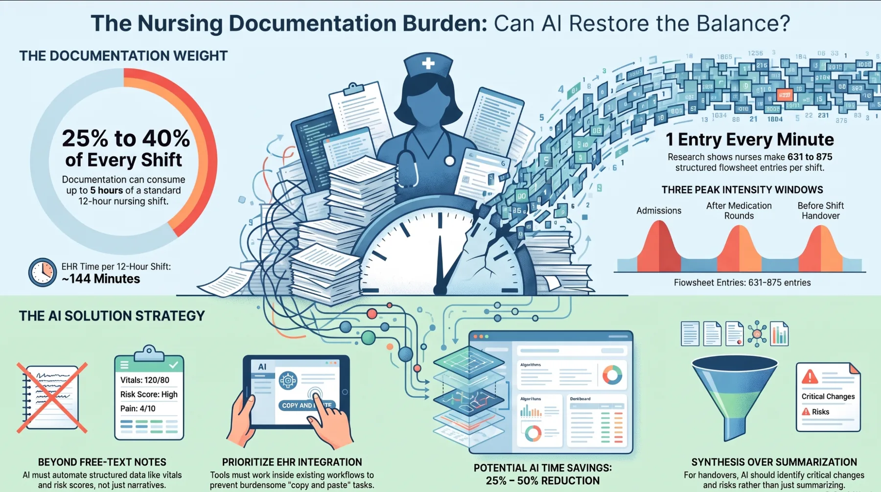 Infographic showing nursing documentation consuming 25% to 40% of a shift, hundreds of flowsheet entries, peak documentation windows, and AI workflow priorities.