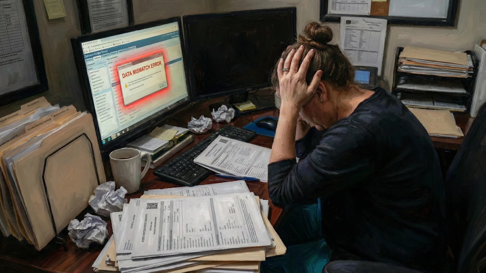 A stressed home health nurse at a cluttered desk facing a Data Mismatch Error on screen, representing OASIS responses that don't match the rest of the clinical record. A stressed home health nurse at a cluttered desk facing a Data Mismatch Error on screen, representing OASIS responses that don't match the rest of the clinical record.