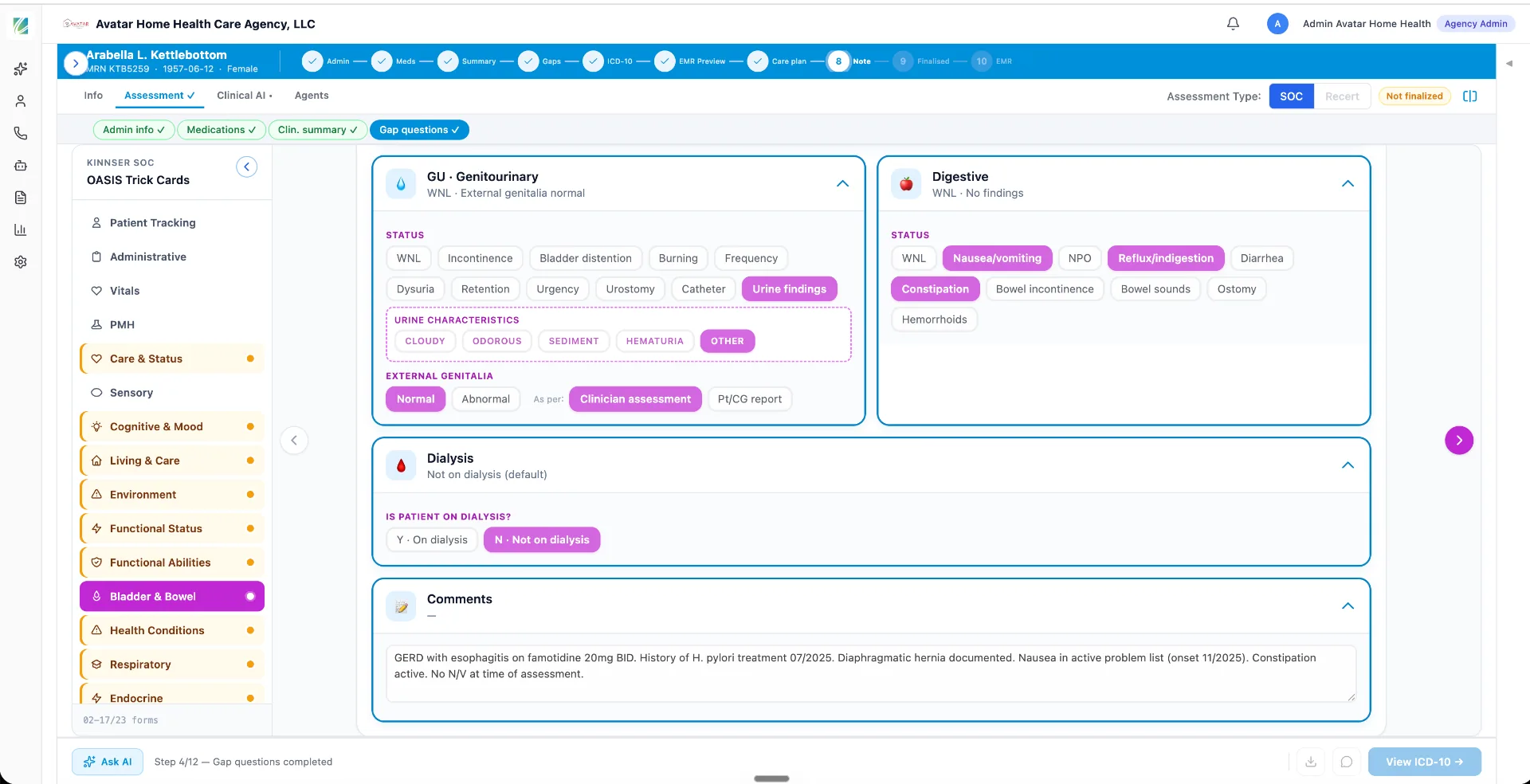 Copper AI guided OASIS interface on an iPad showing tap-to-answer gap questions at the point of care