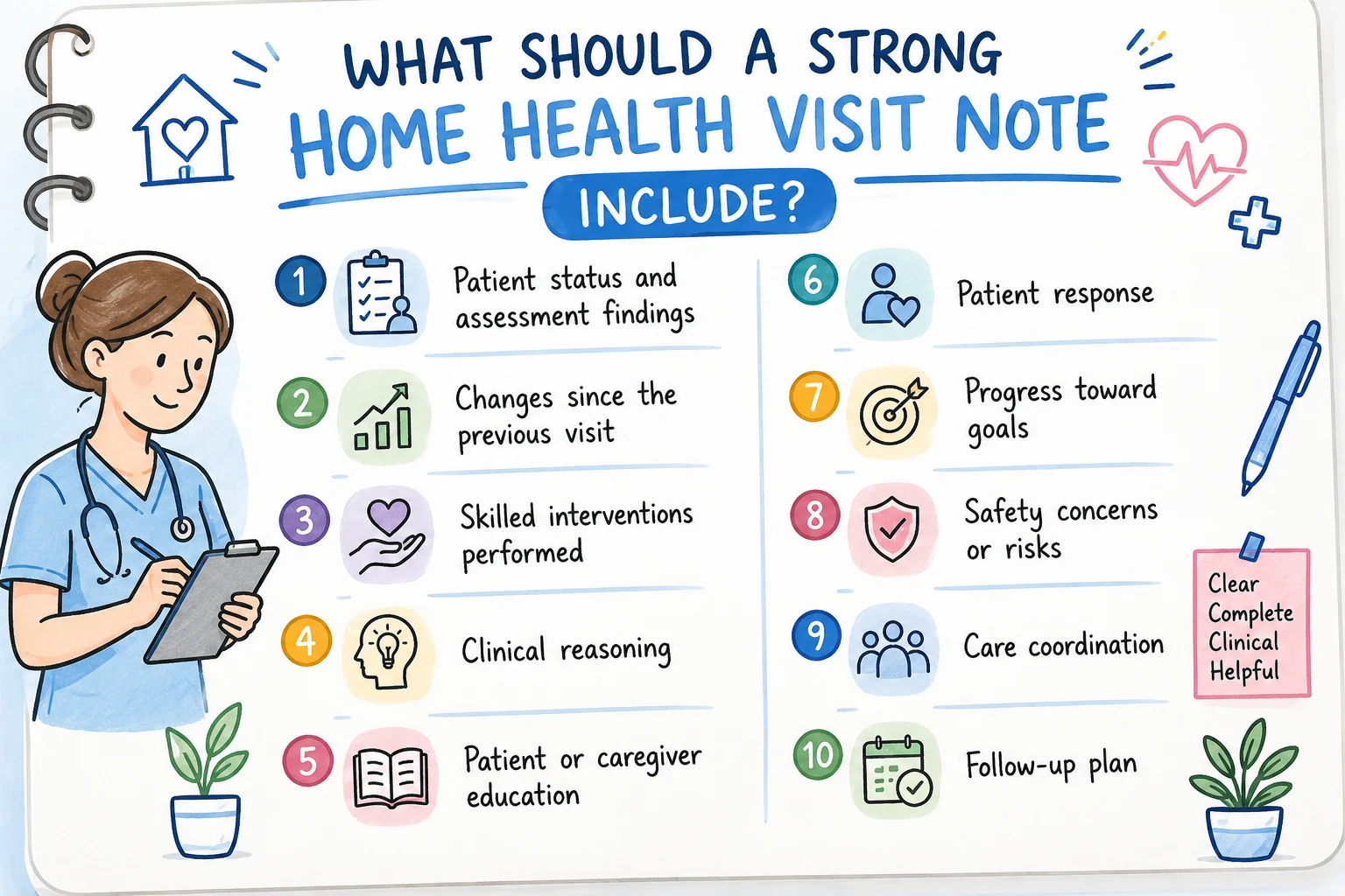Infographic of what a strong home health visit note should include: patient status and assessment findings, changes since the previous visit, skilled interventions, clinical reasoning, patient or caregiver education, patient response, progress toward goals, safety concerns, care coordination, and follow-up plan. Infographic of what a strong home health visit note should include: patient status and assessment findings, changes since the previous visit, skilled interventions, clinical reasoning, patient or caregiver education, patient response, progress toward goals, safety concerns, care coordination, and follow-up plan.