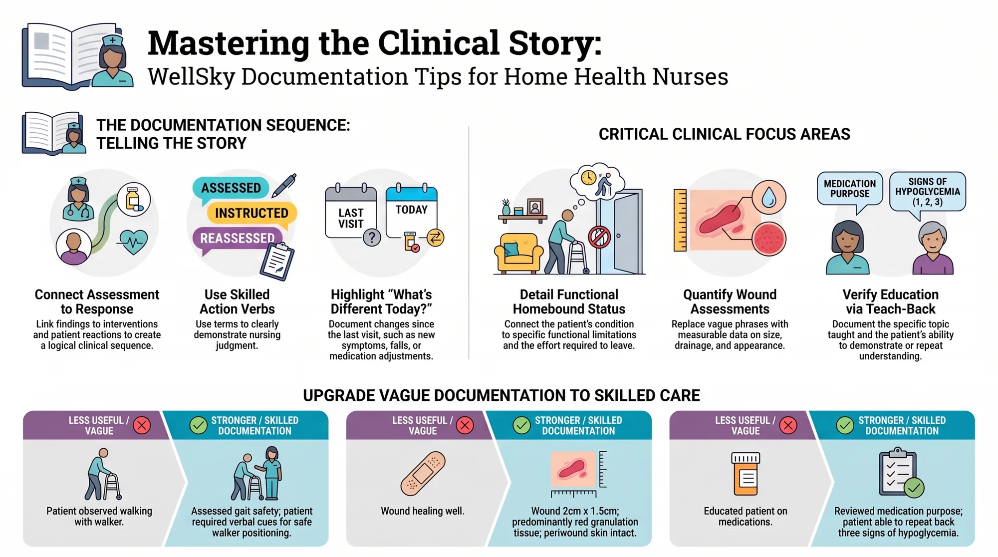 Infographic titled Mastering the Clinical Story showing the documentation sequence, critical clinical focus areas, and examples of upgrading vague documentation to skilled care. Infographic titled Mastering the Clinical Story showing the documentation sequence, critical clinical focus areas, and examples of upgrading vague documentation to skilled care.
