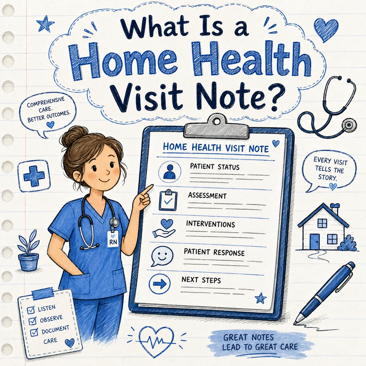 Illustration of a home health nurse pointing to a visit note that captures patient status, assessment, interventions, patient response, and next steps, with the note that every visit tells the story and great notes lead to great care. Illustration of a home health nurse pointing to a visit note that captures patient status, assessment, interventions, patient response, and next steps, with the note that every visit tells the story and great notes lead to great care.