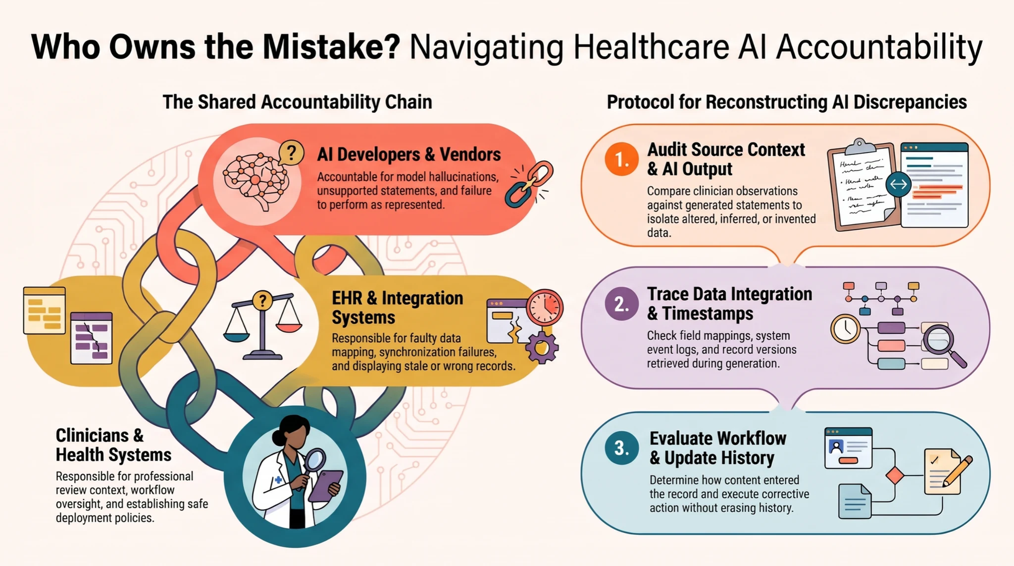 Healthcare AI accountability chain across developers, EHR integrations, clinicians, and organizations, with steps for investigating discrepancies. Healthcare AI accountability chain across developers, EHR integrations, clinicians, and organizations, with steps for investigating discrepancies.