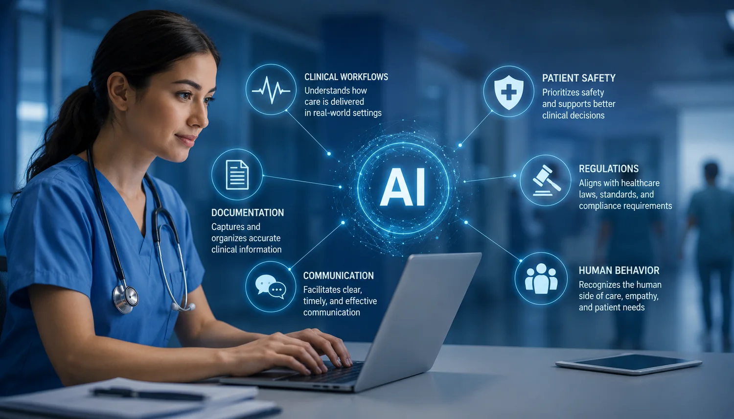 Healthcare professional collaborating with AI-powered clinical workflow software, showing how AI must understand clinical workflows, patient safety, documentation, regulations, communication, and human behavior Healthcare professional collaborating with AI-powered clinical workflow software, showing how AI must understand clinical workflows, patient safety, documentation, regulations, communication, and human behavior